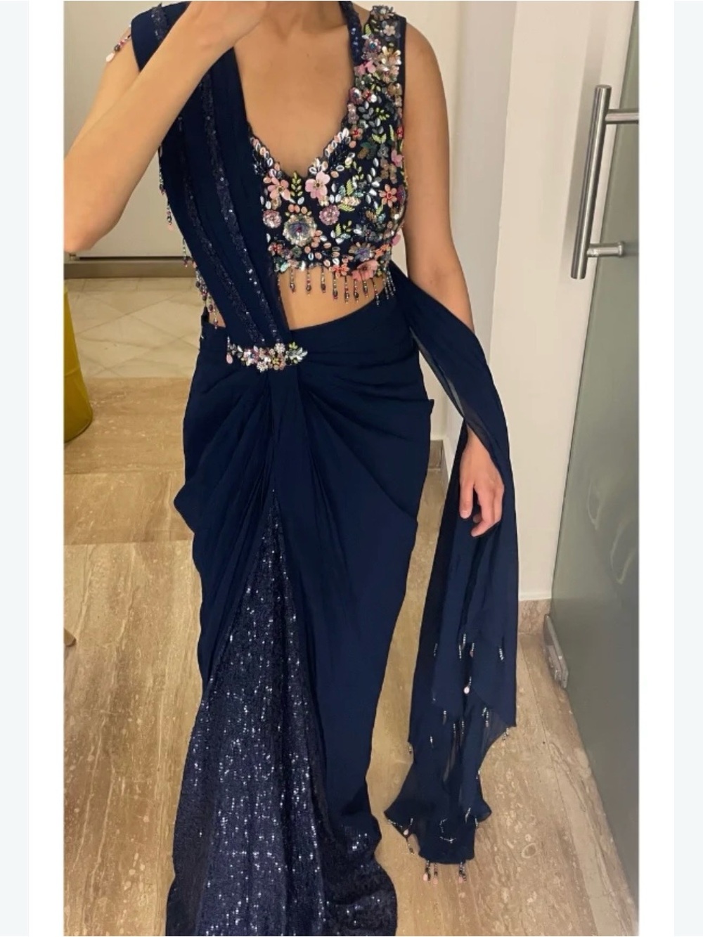 Navy pre-stitched embellished saree with blouse